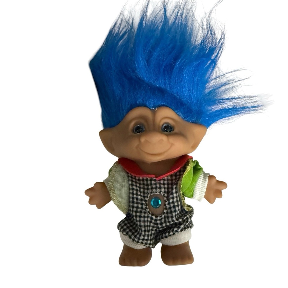 Vintage Ace Novelty Treasure Troll Blue Hair‎ Teal Belly Gem Checkered Outfit